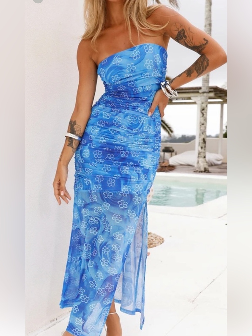 Hello Molly Blue Floral Frangipangi island off shoulder hawaiian Maxi Dress